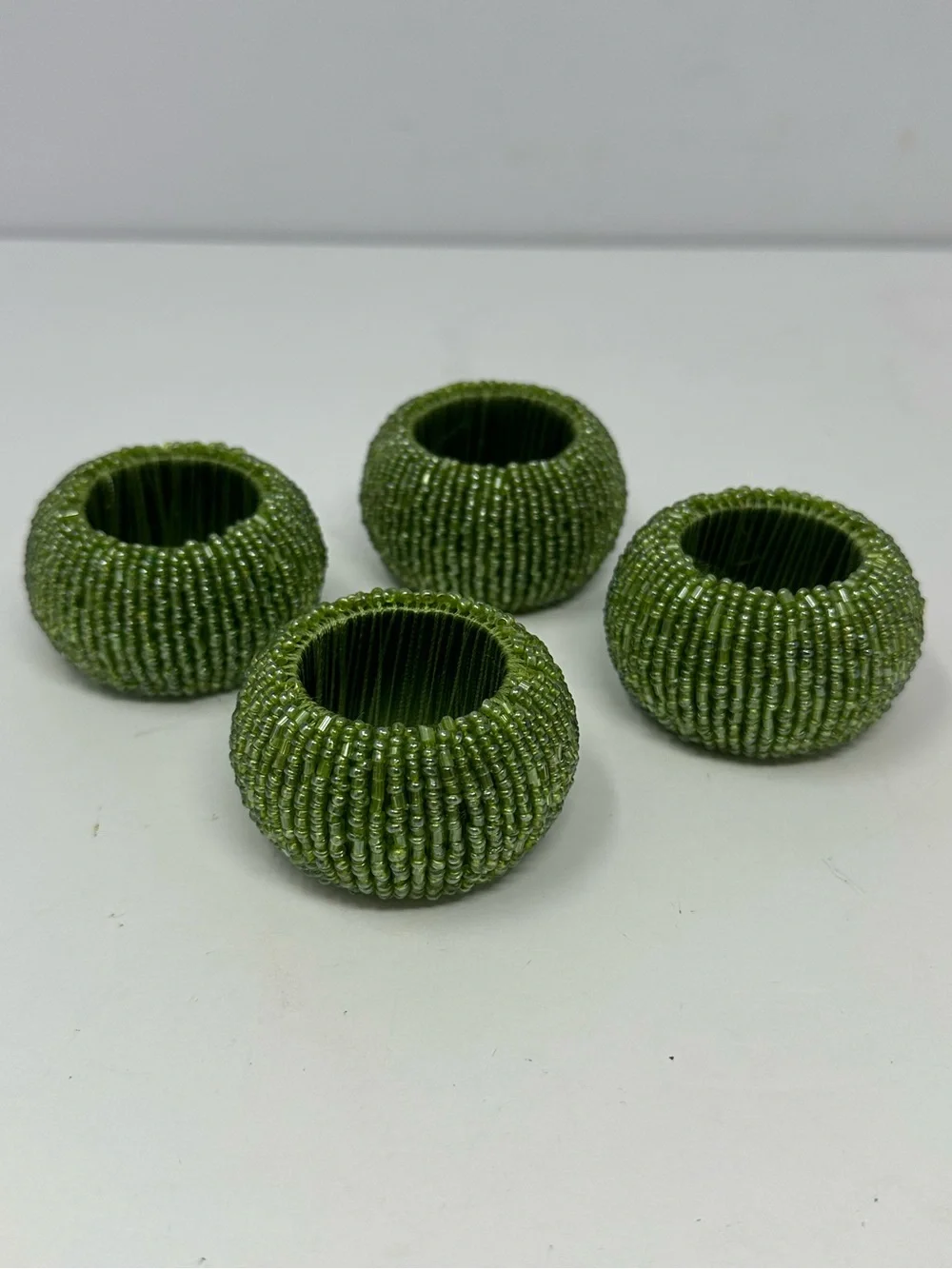 Set of 4 Vintage Green Beaded Napkin Rings Excellent Condition